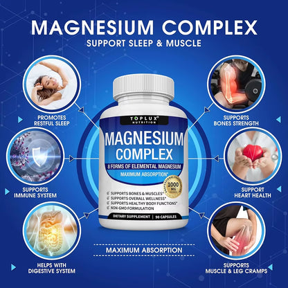 Magnesium Complex Supplement 8 Elemental 1000Mg - Magnesium Glycinate, Citrate, Malate, Taurate for Bones, Muscles, Energy